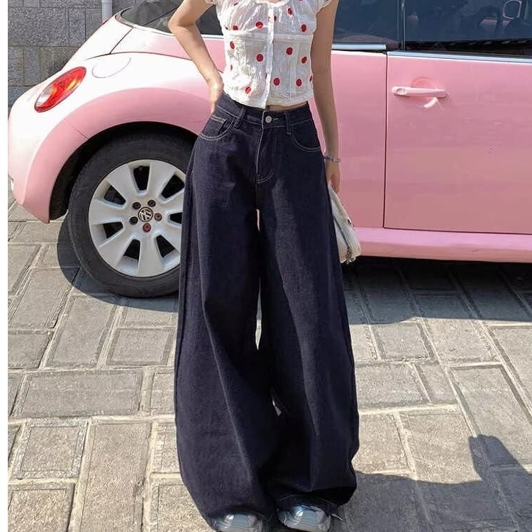 Pantaloni din denim albastru închis pentru femei, talie înaltă, croială largă, stil retro toamnă-iarnă 2024, lungime până la podea