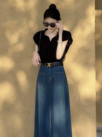 Jeans dama din denim, croială largă, talie înaltă, lungime până la podea, stil retro Hong Kong, primăvară-toamnă 2025