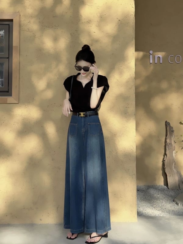 Jeans dama din denim, croială largă, talie înaltă, lungime până la podea, stil retro Hong Kong, primăvară-toamnă 2025