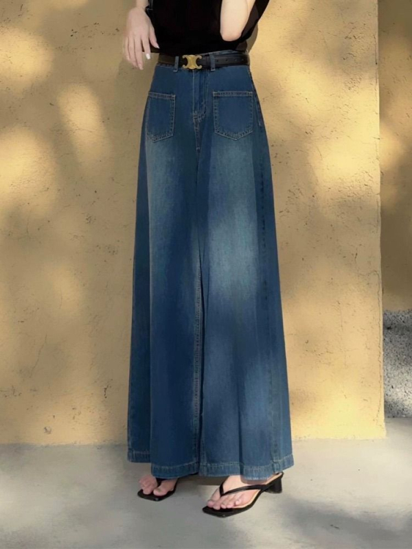 Jeans dama din denim, croială largă, talie înaltă, lungime până la podea, stil retro Hong Kong, primăvară-toamnă 2025