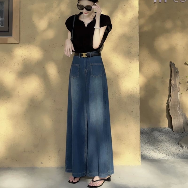 Jeans dama din denim, croială largă, talie înaltă, lungime până la podea, stil retro Hong Kong, primăvară-toamnă 2025