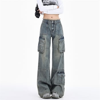 Blugi de damă denim în stil american, retro, talie înaltă, multiple buzunare, stil de lucru, detaliu cu margine franjuri, pantaloni lungi universali, primăvara 2025