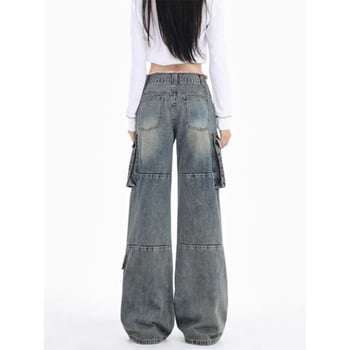 Blugi de damă denim în stil american, retro, talie înaltă, multiple buzunare, stil de lucru, detaliu cu margine franjuri, pantaloni lungi universali, primăvara 2025