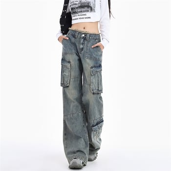 Blugi de damă denim în stil american, retro, talie înaltă, multiple buzunare, stil de lucru, detaliu cu margine franjuri, pantaloni lungi universali, primăvara 2025