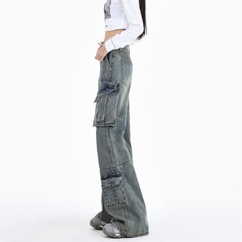 Blugi de damă denim în stil american, retro, talie înaltă, multiple buzunare, stil de lucru, detaliu cu margine franjuri, pantaloni lungi universali, primăvara 2025