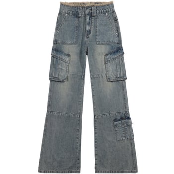 Blugi de damă denim în stil american, retro, talie înaltă, multiple buzunare, stil de lucru, detaliu cu margine franjuri, pantaloni lungi universali, primăvara 2025