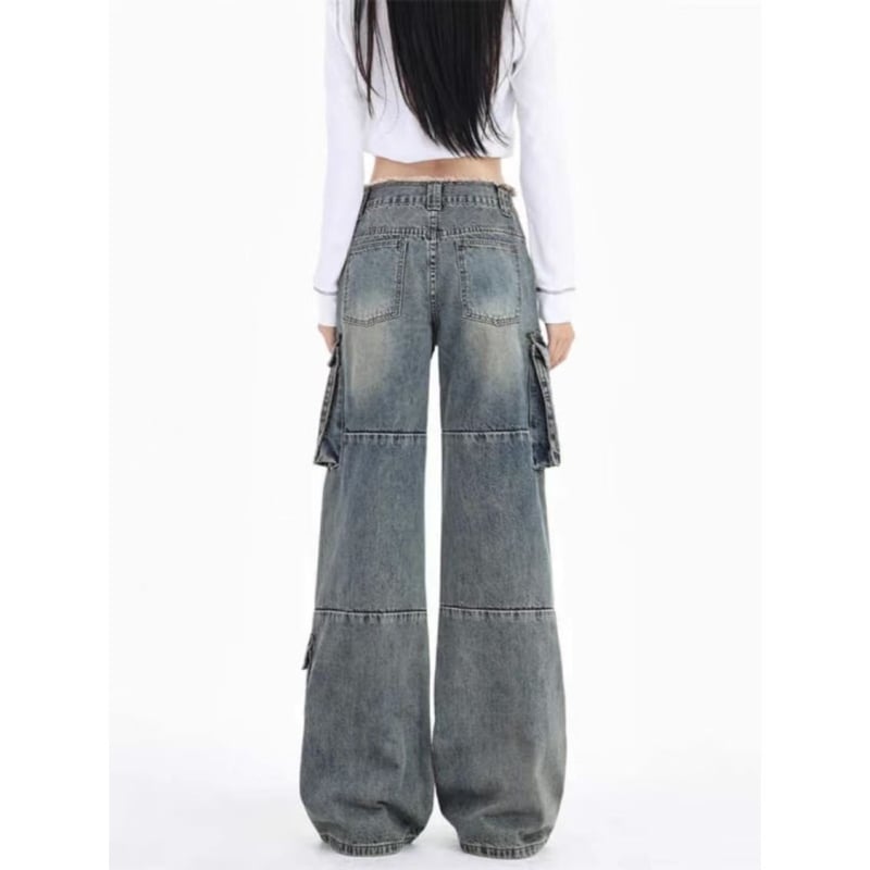 Blugi de damă denim în stil american, retro, talie înaltă, multiple buzunare, stil de lucru, detaliu cu margine franjuri, pantaloni lungi universali, primăvara 2025