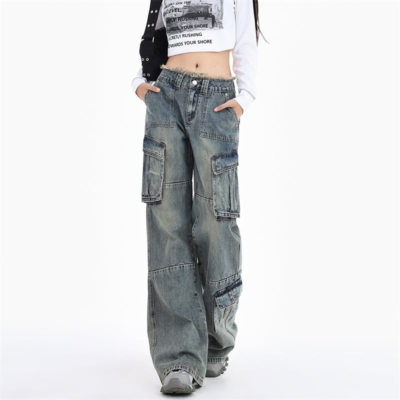 Blugi de damă denim în stil american, retro, talie înaltă, multiple buzunare, stil de lucru, detaliu cu margine franjuri, pantaloni lungi universali, primăvara 2025