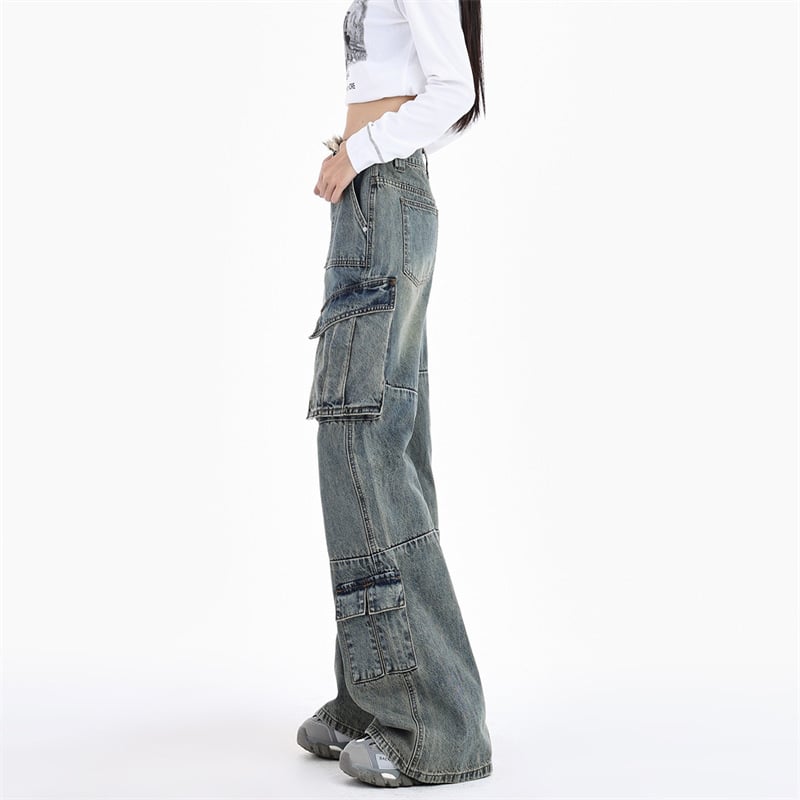 Blugi de damă denim în stil american, retro, talie înaltă, multiple buzunare, stil de lucru, detaliu cu margine franjuri, pantaloni lungi universali, primăvara 2025
