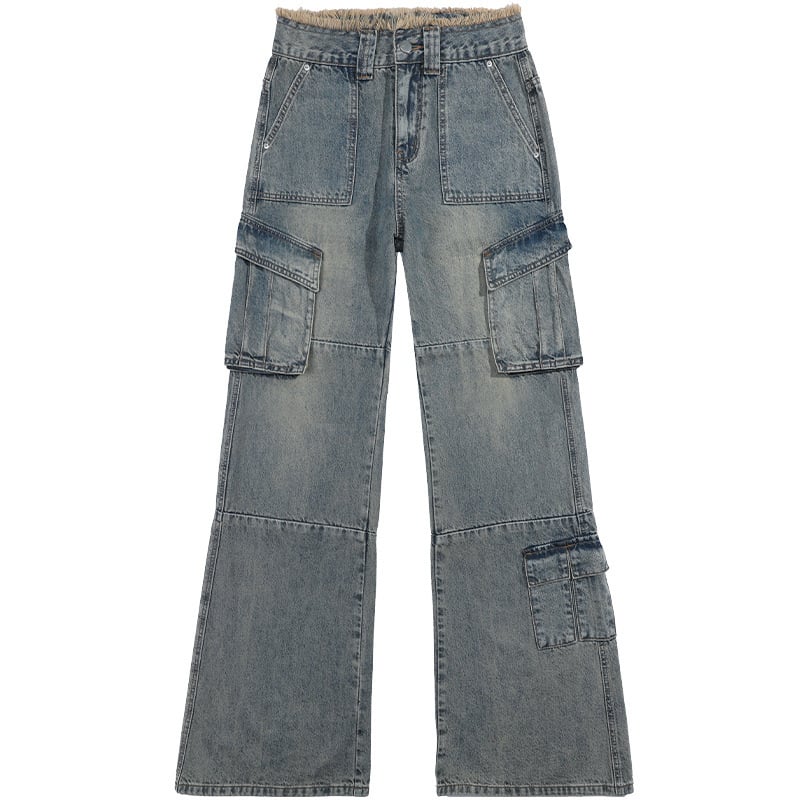 Blugi de damă denim în stil american, retro, talie înaltă, multiple buzunare, stil de lucru, detaliu cu margine franjuri, pantaloni lungi universali, primăvara 2025