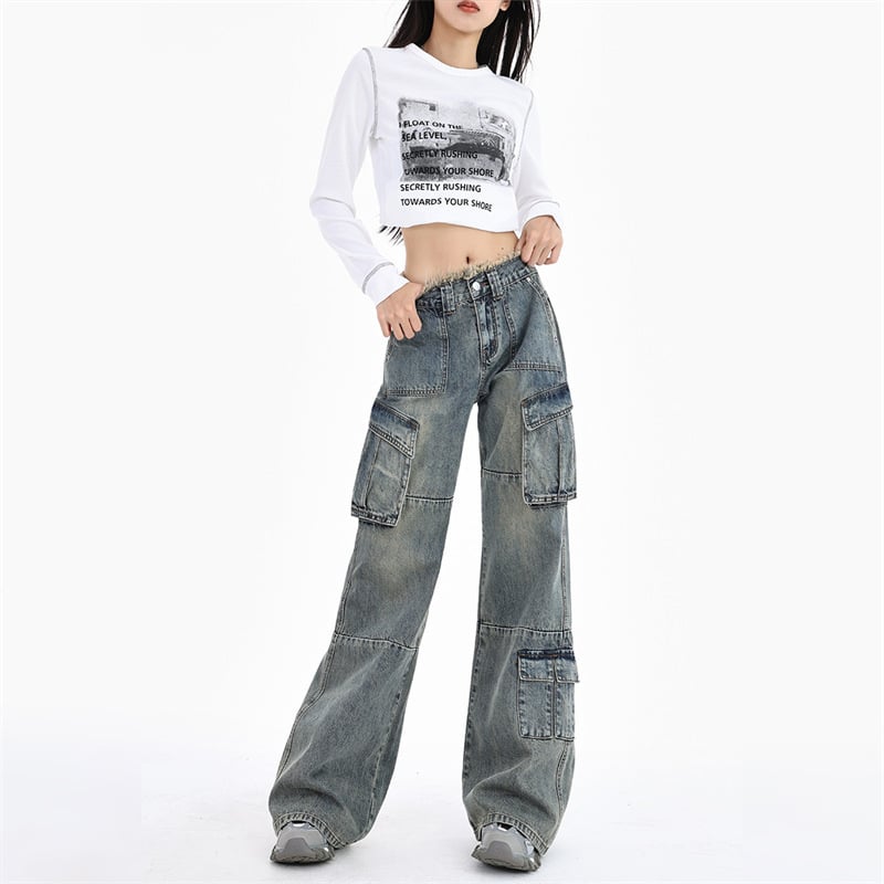 Blugi de damă denim în stil american, retro, talie înaltă, multiple buzunare, stil de lucru, detaliu cu margine franjuri, pantaloni lungi universali, primăvara 2025