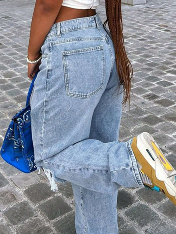 Jeansi din denim pentru femei, stil boem, culoare solidă, buzunare cu fermoar, croială dreaptă, stil stradal american