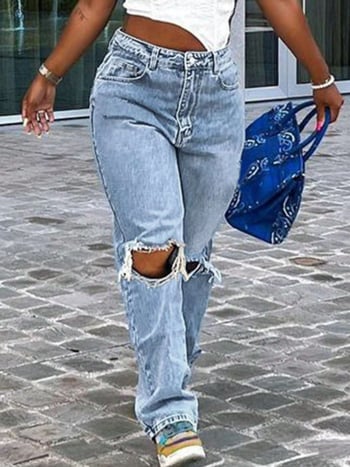 Jeansi din denim pentru femei, stil boem, culoare solidă, buzunare cu fermoar, croială dreaptă, stil stradal american