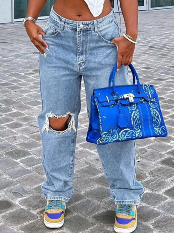 Jeansi din denim pentru femei, stil boem, culoare solidă, buzunare cu fermoar, croială dreaptă, stil stradal american
