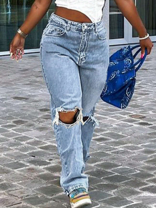 Jeansi din denim pentru femei, stil boem, culoare solidă, buzunare cu fermoar, croială dreaptă, stil stradal american