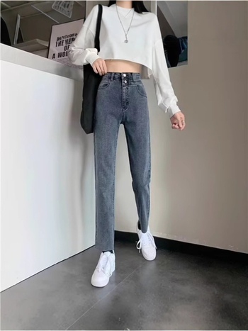 Blugi femei stil cigarette, toamnă-iarnă, talie înaltă, croi slim, drepti, lungime 9/10, design casual inspirat de Hong Kong