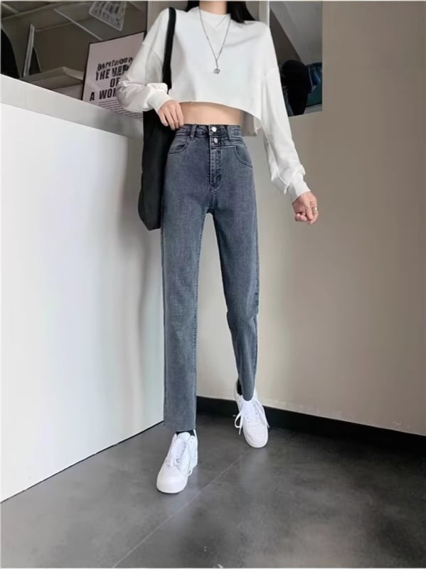 Blugi femei stil cigarette, toamnă-iarnă, talie înaltă, croi slim, drepti, lungime 9/10, design casual inspirat de Hong Kong