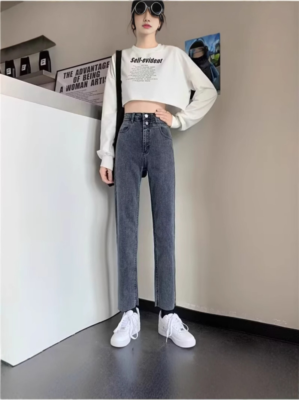 Blugi femei stil cigarette, toamnă-iarnă, talie înaltă, croi slim, drepti, lungime 9/10, design casual inspirat de Hong Kong