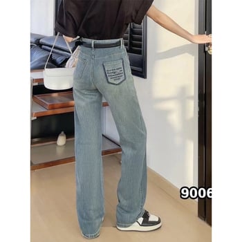 Jeanși de damă din denim, talie înaltă, elastici, primăvara 2025, croială relaxată, dreptă și largă, lungime până la podea