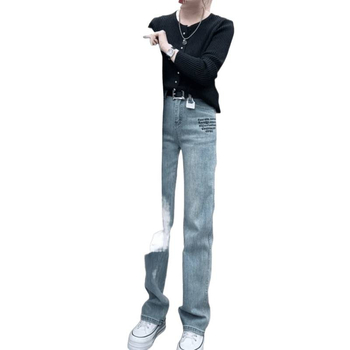 Jeanși de damă din denim, talie înaltă, elastici, primăvara 2025, croială relaxată, dreptă și largă, lungime până la podea