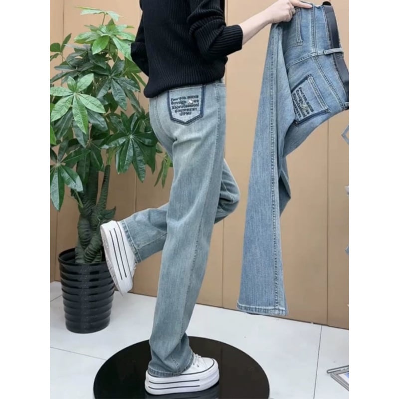 Jeanși de damă din denim, talie înaltă, elastici, primăvara 2025, croială relaxată, dreptă și largă, lungime până la podea