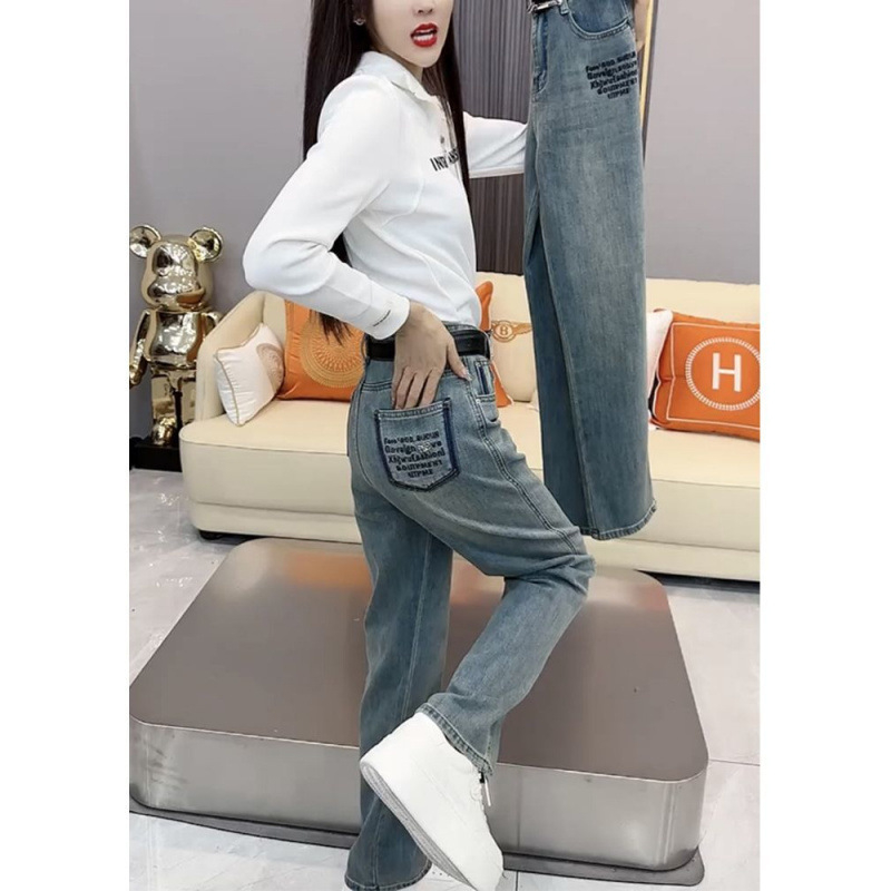 Jeanși de damă din denim, talie înaltă, elastici, primăvara 2025, croială relaxată, dreptă și largă, lungime până la podea