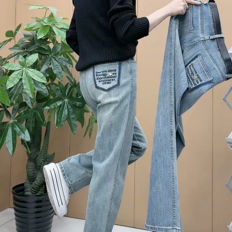 Jeanși de damă din denim, talie înaltă, elastici, primăvara 2025, croială relaxată, dreptă și largă, lungime până la podea