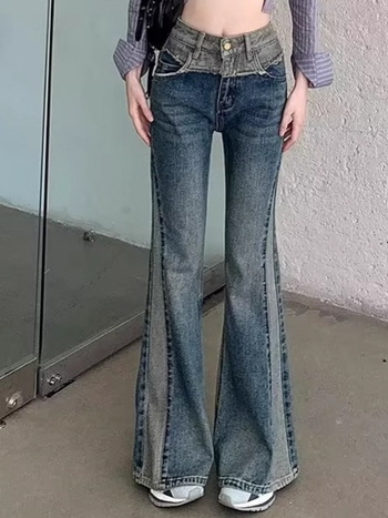 Jeans femei în stil retro american cu microflare și bootcut, primăvară-toamnă 2025, patchwork la tiv raw, croială slim