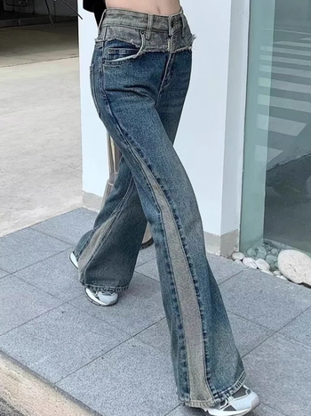 Jeans femei în stil retro american cu microflare și bootcut, primăvară-toamnă 2025, patchwork la tiv raw, croială slim
