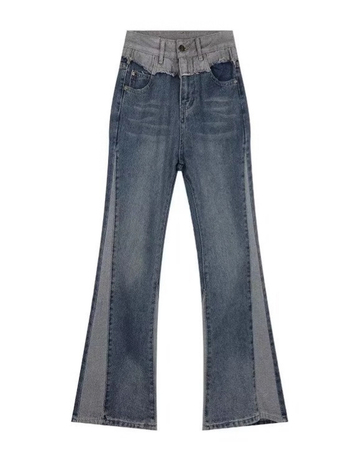 Jeans femei în stil retro american cu microflare și bootcut, primăvară-toamnă 2025, patchwork la tiv raw, croială slim