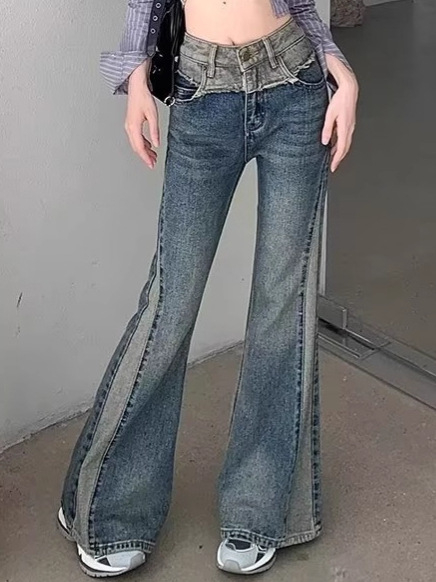 Jeans femei în stil retro american cu microflare și bootcut, primăvară-toamnă 2025, patchwork la tiv raw, croială slim