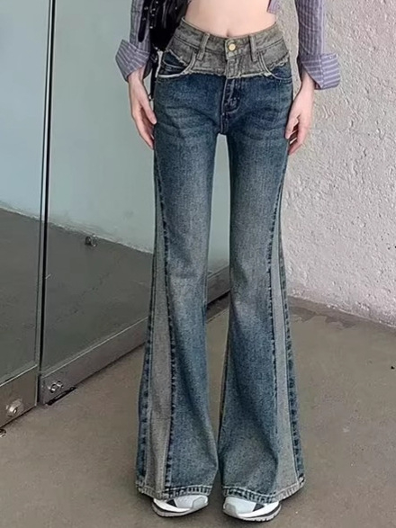 Jeans femei în stil retro american cu microflare și bootcut, primăvară-toamnă 2025, patchwork la tiv raw, croială slim