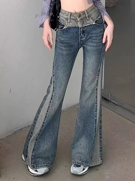 Jeans femei în stil retro american cu microflare și bootcut, primăvară-toamnă 2025, patchwork la tiv raw, croială slim