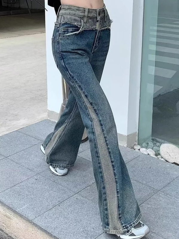 Jeans femei în stil retro american cu microflare și bootcut, primăvară-toamnă 2025, patchwork la tiv raw, croială slim