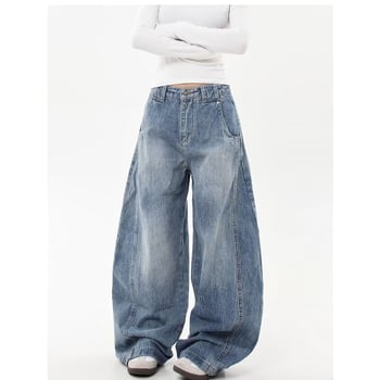 Denim în stil american vintage, textură slub, pantaloni dama cu siluetă sabie, croială lejeră, drept până la larg, pentru primăvară și toamnă