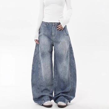 Denim în stil american vintage, textură slub, pantaloni dama cu siluetă sabie, croială lejeră, drept până la larg, pentru primăvară și toamnă