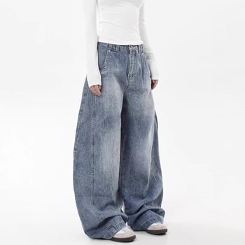 Denim în stil american vintage, textură slub, pantaloni dama cu siluetă sabie, croială lejeră, drept până la larg, pentru primăvară și toamnă