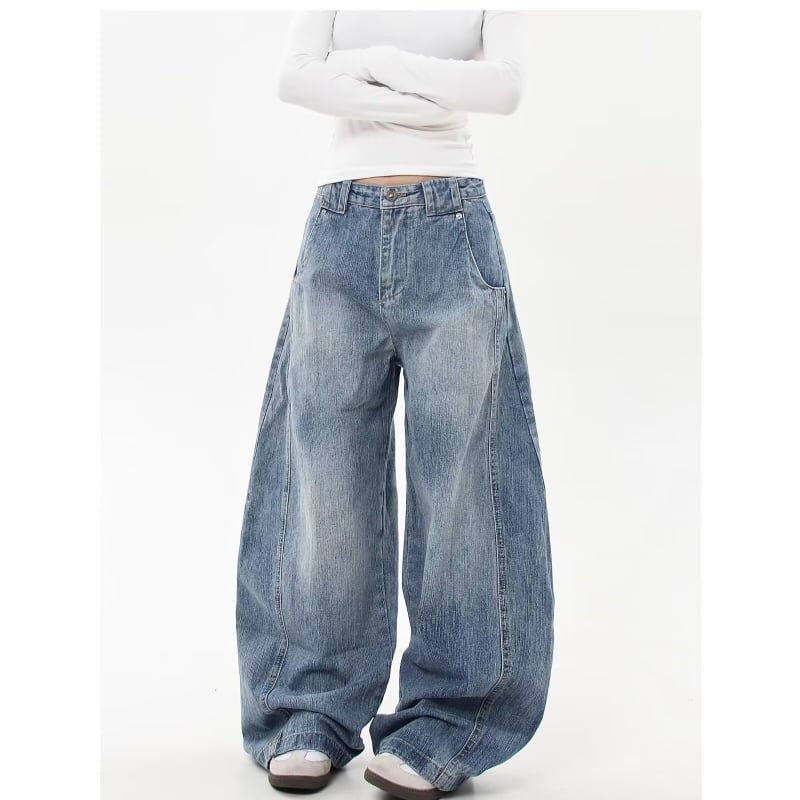 Denim în stil american vintage, textură slub, pantaloni dama cu siluetă sabie, croială lejeră, drept până la larg, pentru primăvară și toamnă