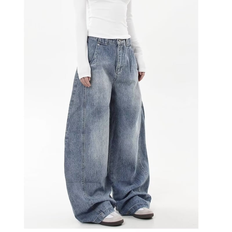 Denim în stil american vintage, textură slub, pantaloni dama cu siluetă sabie, croială lejeră, drept până la larg, pentru primăvară și toamnă
