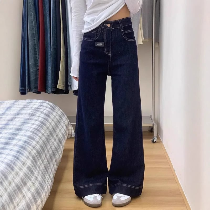 Han Niu Blugi dama din denim albastru închis, colecție de iarnă, talie înaltă, croială lejeră dreptă, picioare largi