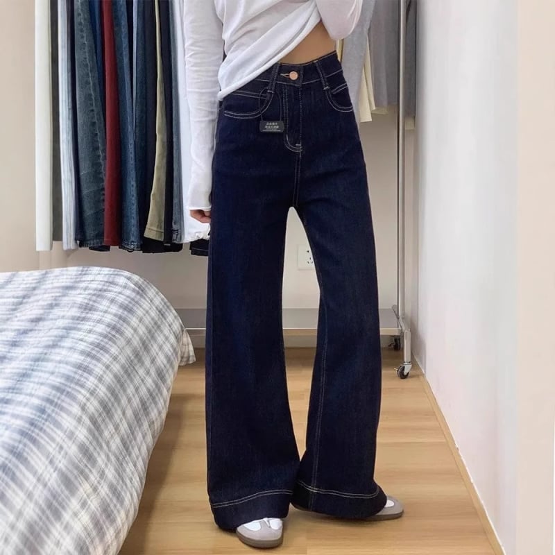 Han Niu Blugi dama din denim albastru închis, colecție de iarnă, talie înaltă, croială lejeră dreptă, picioare largi