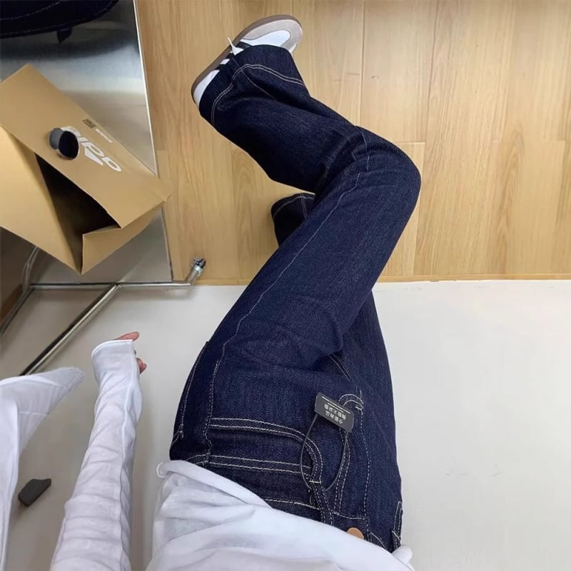 Han Niu Blugi dama din denim albastru închis, colecție de iarnă, talie înaltă, croială lejeră dreptă, picioare largi