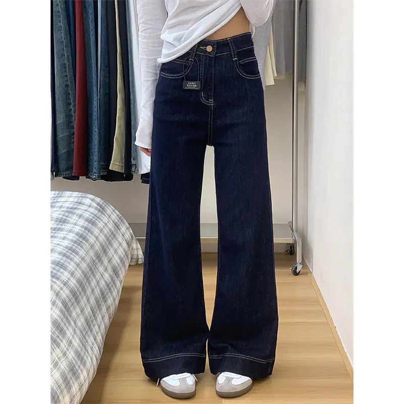 Han Niu Blugi dama din denim albastru închis, colecție de iarnă, talie înaltă, croială lejeră dreptă, picioare largi