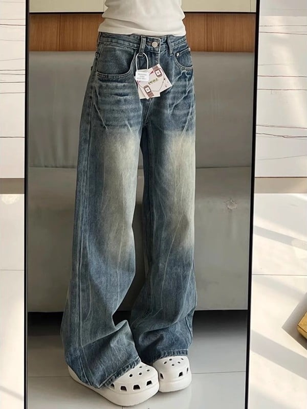 Blugi denim largi în stil american retro, plus mărime, talie înaltă, croială dreaptă lejeră, pentru femei cu siluetă para, toamnă 2025