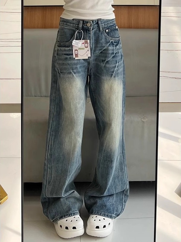 Blugi denim largi în stil american retro, plus mărime, talie înaltă, croială dreaptă lejeră, pentru femei cu siluetă para, toamnă 2025