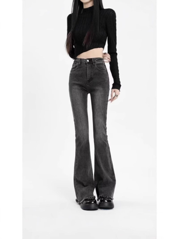 Jeans gri pentru femei din denim, talie înaltă, croială slim, picior ușor evazat, margine franjurată, toamnă–iarna