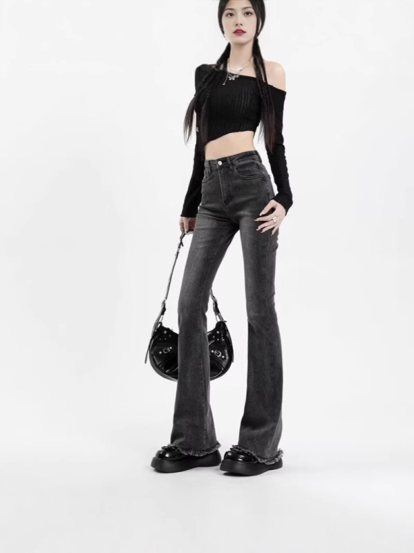 Jeans gri pentru femei din denim, talie înaltă, croială slim, picior ușor evazat, margine franjurată, toamnă–iarna