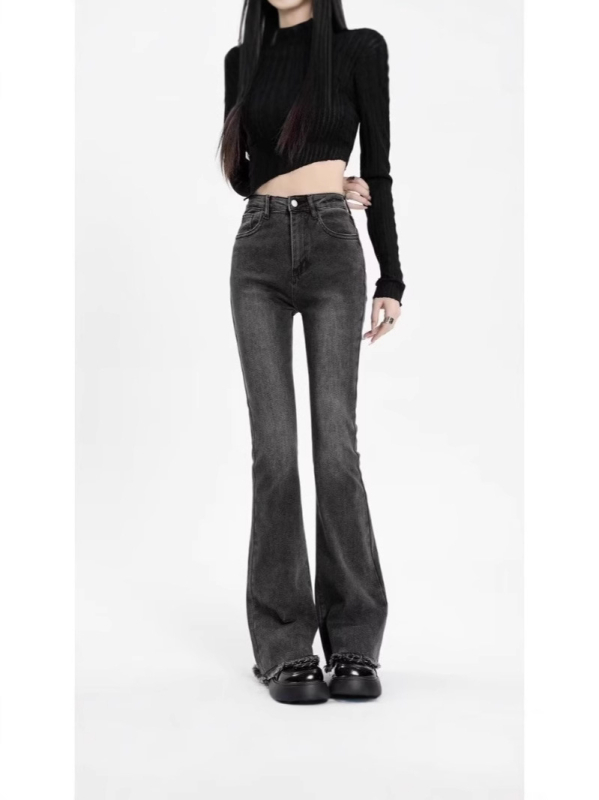 Jeans gri pentru femei din denim, talie înaltă, croială slim, picior ușor evazat, margine franjurată, toamnă–iarna