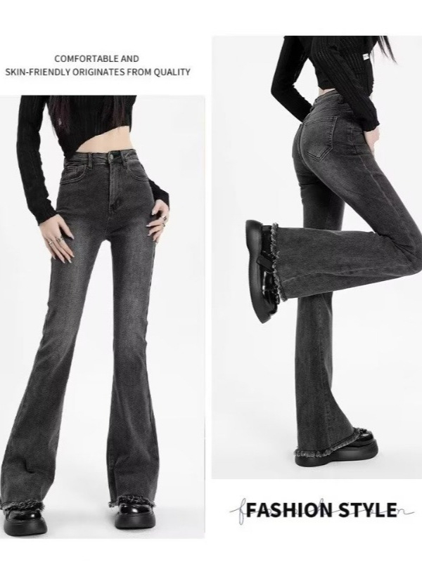 Jeans gri pentru femei din denim, talie înaltă, croială slim, picior ușor evazat, margine franjurată, toamnă–iarna