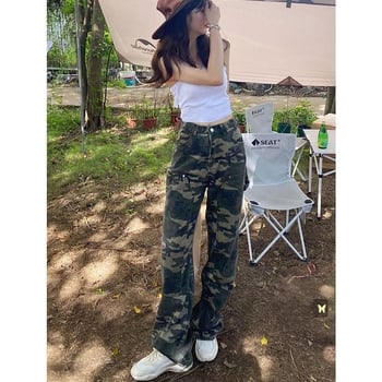 Pantaloni denim cargo cu camuflaj pentru femei, talie înaltă, croială lejeră, picior drept, versatil
